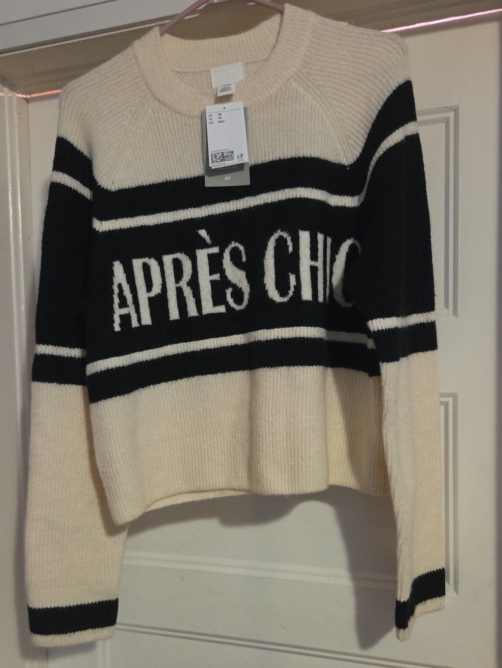 H&M Cream and Black 'APRÈS CHIC' Striped Crewneck Sweater